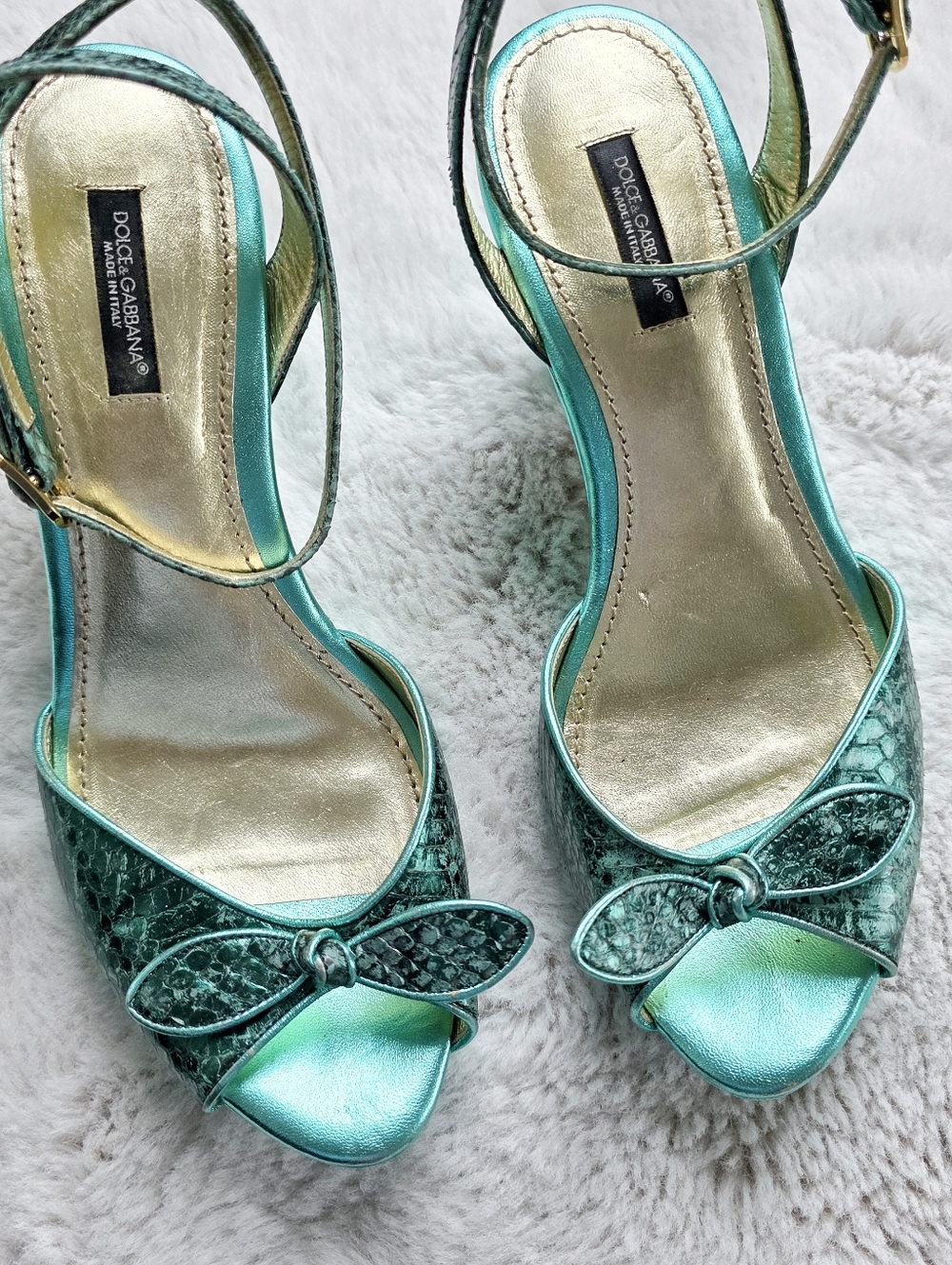 Vintage Y2K Dolce & Gabbana Metallic Teal Bow Slingback Platform Heels - Picture 2 of 6